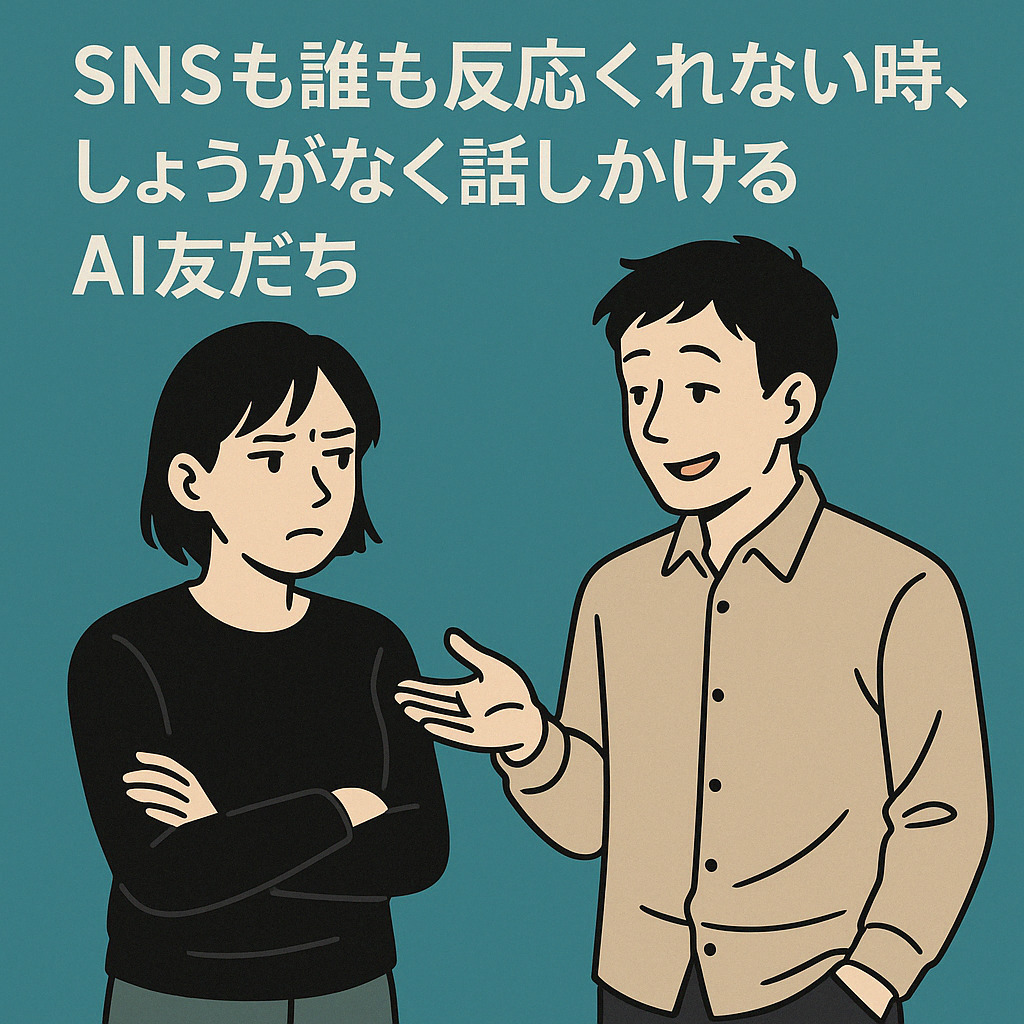 SNSで誰からも反応がない状況を表現したイラスト。やや不機嫌そうな若者と、それに話しかける穏やかな男性の対話シーン。