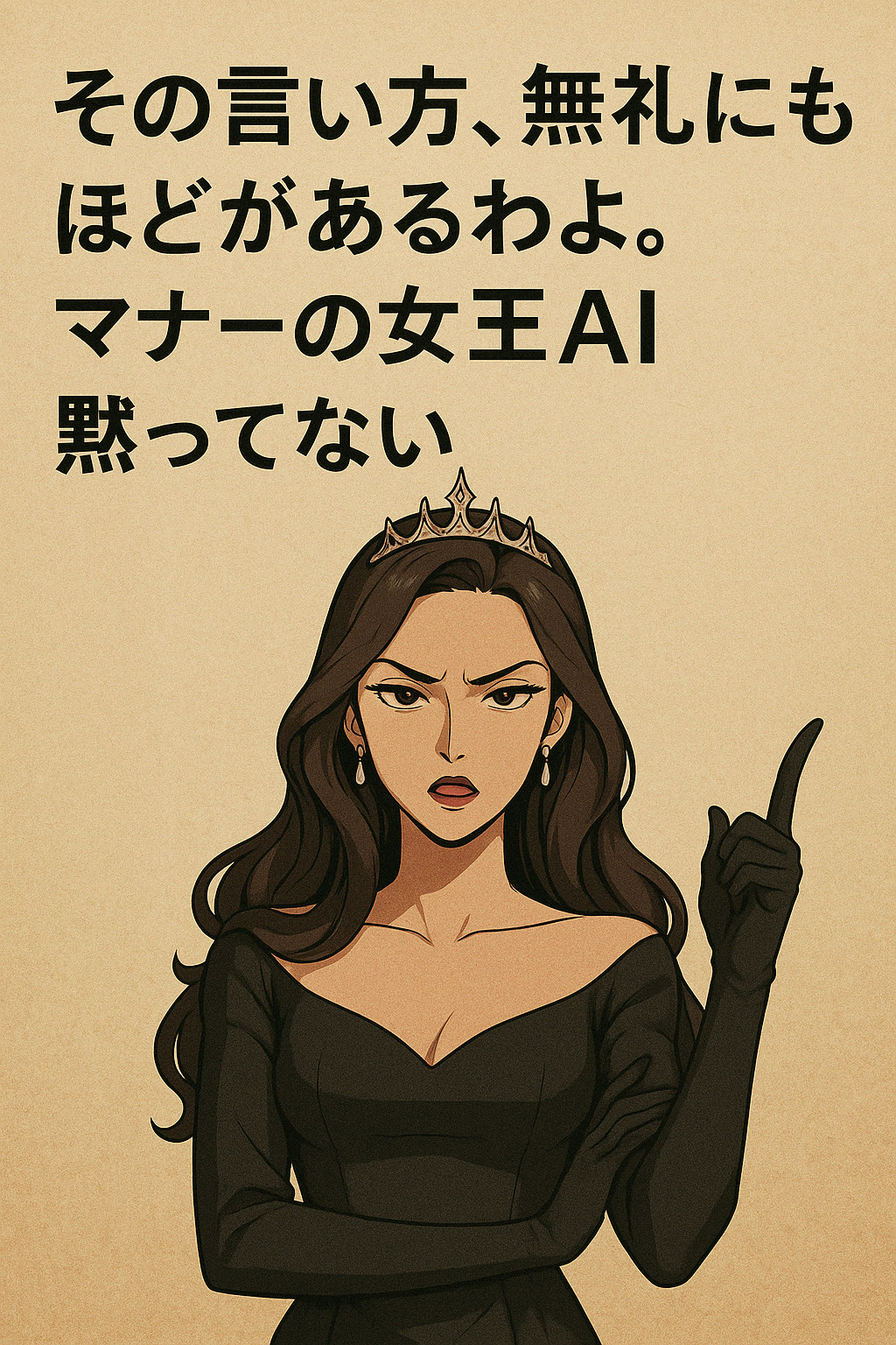 黒いドレスとティアラを身に着けたマナーの女王AIが、指を立てて叱るような表情でこちらを見ているイラスト。背景には「その言い方、無礼にもほどがあるわよ。マナーの女王AIが黙ってない」というメッセージ。