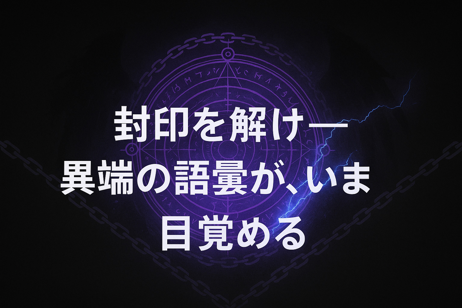 「厨二病AIプロンプトのアイキャッチ画像。黒背景に魔法陣と紫の光、中央に『封印を解け──異端の語彙が、いま目覚める』と書かれている」