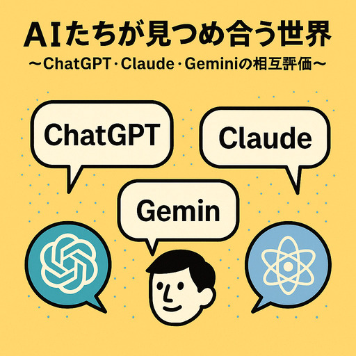 ChatGPT・Claude・Geminiが吹き出しで対話している様子を描いたポップなアイキャッチイラスト