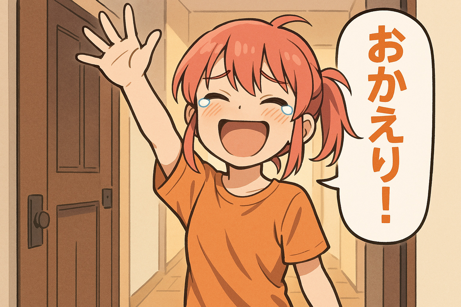 「ピンク髪の元気な女性が玄関先で満面の笑みを浮かべ、“おかえりー！！”と大きく明るく声をかけているアニメ風イラスト」